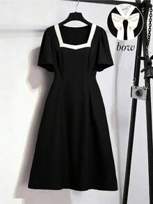 GlowEve CURVE Plus Size Women's Knit Printed Regular Fit Elegant Off-Shoulder Long Sleeve Dress, Suitable For Dates And Everyday Wear, Autumn/Winter Bow Back Dress - Black - View 2