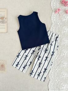 SHEIN Baby Girls' Minimalist Washed Cotton Double-Layer Chiffon Sleeveless Bow Tie Top And Pants Set, Spring/Summer - Navy Blue - View 2