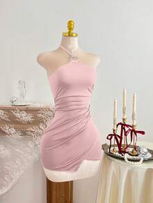 Elamini Women's Metal Ring Decor Halter Mini Dress - Pink - View 6