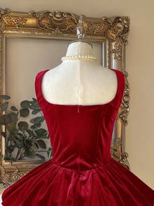 Lovelzi 优雅奢华性感露肩天鹅绒层叠美人鱼修身迷你连衣裙，适合晚宴、展览、商务活动及其他场合。 - 紅色 - 查看 7