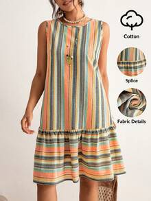 SHEIN LUNE Đầm không tay kẻ sọc nhiều màu sắc dành cho nữ cỡ lớn, trang phục mùa xuân cho nữ, trang phục mùa hè cho nữ, quần áo mùa hè, trang phục lễ Phục sinh cho nữ, trang phục phương Tây cho nữ. - Nhiều màu - Xem 3