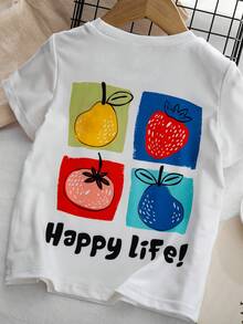 SHEIN Genkimix Kids Young Girls Fruit Graphic Print Short Sleeve T-Shirt,Cute Strawberry Pattern White Summer School Tee,Casual Comfortable Kids Y2k Tops - White - View 7