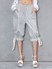 ROMWE Avant Multi-Layer Drawstring Tie Frayed Hem Casual Capri Pants - Grey - View 8