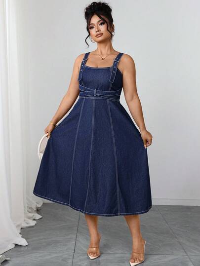 Elenzga Plus Size Women Elegant & Comfortable Dark Blue Non-Stretch Denim Bib Overall Dress