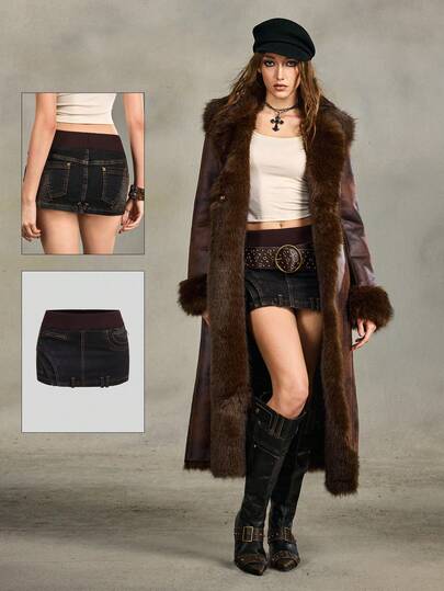 Grunge Punk Retro Sexy Ultra Low Waist Knit Patchwork Milk Wrap Mini Skirt