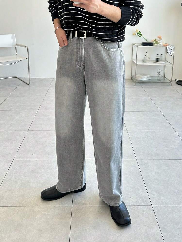 Men's Plain Gray Washed Vintage Look Jeans, Autumn