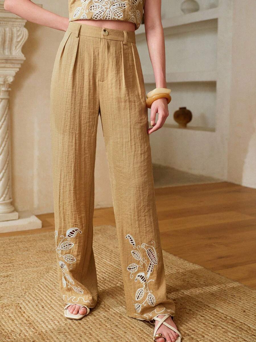 MOTF PREMIUM Quần ống đứng dáng rộng, khoét lỗ, thêu họa tiết dành cho nữ năm 2025. - Màu Khaki - Xem 1