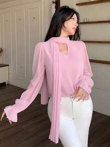 Modelyn 优雅雪纺系领长袖衬衫，显瘦优雅，适合秋季穿着，粉色 - 粉色 - 查看 4