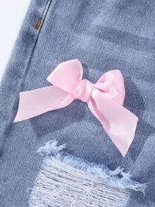 Genkimix Kids One Piece Little Girls 2026 Spring Summer New Light Blue Washed Heavy Ripped Bow Decorated Denim Long Pants Young Girl Loose Straight Leg Young Girl Denim Pants Sweet Cool Style Versatile Chic Summer Thin Bow Ripped Denim Pants Jeans With Bows Ribbon Jeans Bow Jeans Ripped Jeans - Light Wash - View 5