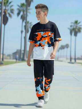 Fantacosmos Set de 2 piezas de camiseta de manga corta y pantalones con estampado de camuflaje clásico y digital para adolescentes, adecuado para actividades al aire libre en verano