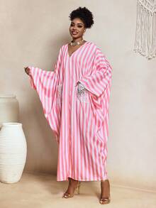 BamGleam Women's Striped Lace Patchwork Casual Loose Party Batwing Sleeve Dress - Multicolor - View 6