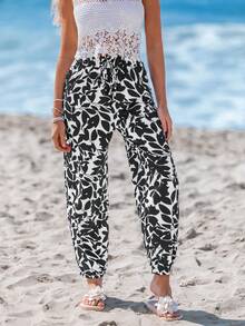 Sylviya Frill Trim Elastic Waistband Bowknot High Waist Floral Print Tapered Pants, Casual Holiday Elegant Streetwear - Black and White - View 3