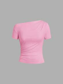 Ellevyn 女士纯色不对称领休闲褶皱短袖T恤 - 藕粉色 - 查看 3