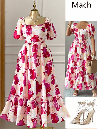 DreamSkyne Vestido de mujer talla grande con estampado floral elegante, cuello cuadrado, mangas abullonadas y cintura ceñida, estilo vacacional