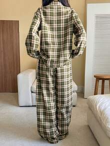 DAZY 2pcs Plaid Pattern Loose Long Sleeve Cardigan And Pants Women Pajama Set - Green - View 2