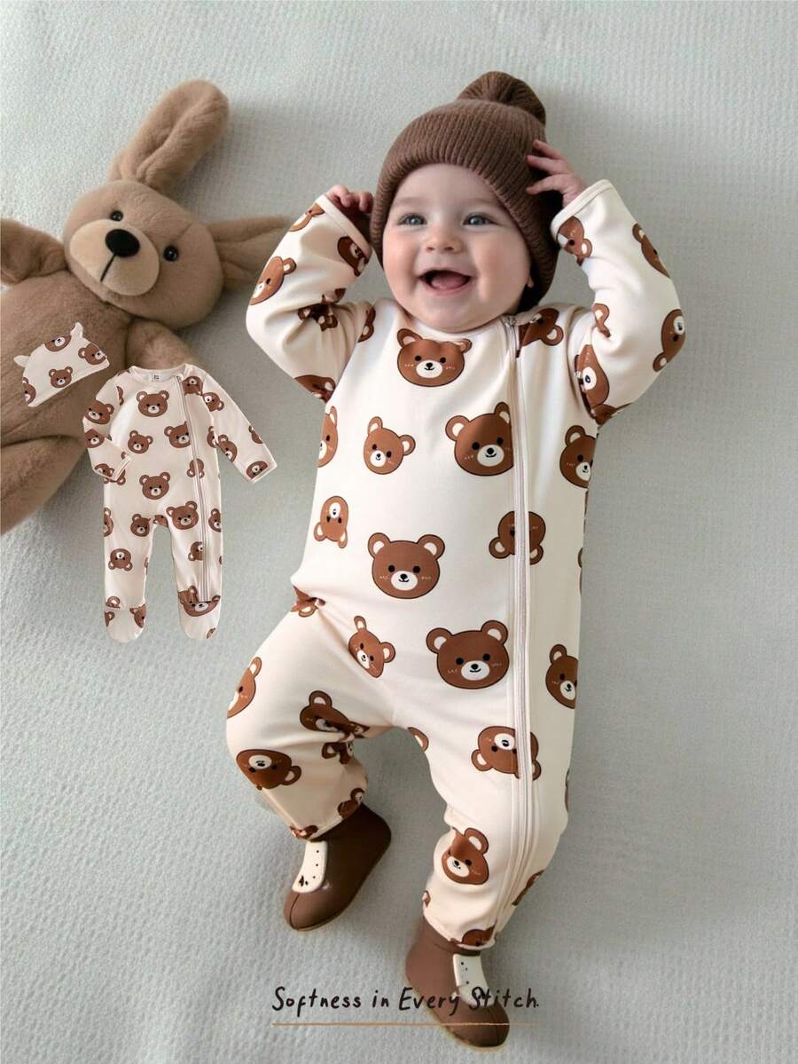 Cozy Pixies 2pcs Baby Cartoon Bear Pattern Knitted Soft Round Neck Long Sleeve Romper & Hat Set, For Baby Boy/Girl - Apricot - View 1