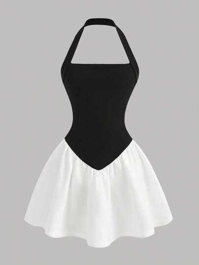 SHEIN Girlism Tween Girls Casual Elegant Black & White Knit Spaghetti Strap Snug Fit Waist Flare A-Line Dress, Mini Dress For Valentine's Day Party, Outing, Back To School Outfit