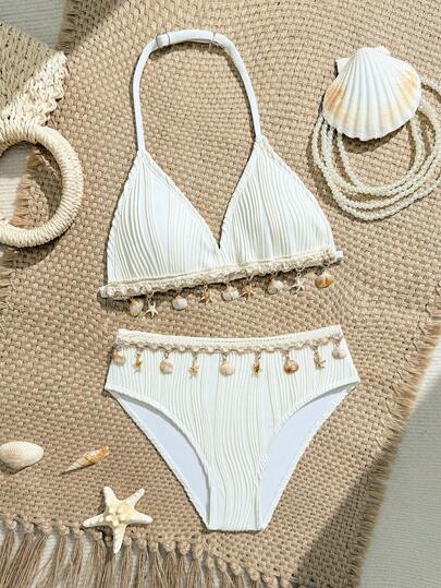 SHEIN Tween Girls Shell Decor Halter Bikini Sets, Special Fabric, Elegant And Vacation Vibe Swimsuits White White Bathing Suit Beach Accessories Seashell Bathing Suit Teeen Swimsuit Set Beach Girl Outfit Girls Beach Sets Summer Bikini Seashell Bikini Modest Bikini Set 2 Piece Swimsuit Girls Khaki Beach Outfit Girls Swim Two Piece Swimwear Girls Set Vacation Two Piece Set Bathing Suit Set Tween Swimsuit 2 Piece Summer Girls Sets Girls 2 Piece Swim Suits
