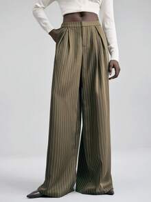 Ontre 2026SS New Women's Striped Pants, Woven Fabric, Business Casual Minimalist Commuter Style, Spring/Summer - Army Green - View 4