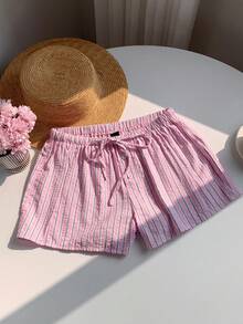 SHEIN EZwear Quần short nữ ống rộng kẻ sọc hồng. - Hồng - Xem 6