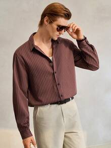 Manfinity CityGents Men's Casual Striped Print Long Sleeve Shirt, Suitable For Spring/Autumn, Vacation, Daily Wear, And Commuting Mens Striped Shirt Long Sleeved Shirt Mens Burgundy Shirt Brown Shirt Casual Shirt Men Striped Long Sleeve Shirt Men Burgundy Shirt Men Casual Shirt Pinstripe Shirt Men Men Brown Shirt - Brown - View 5