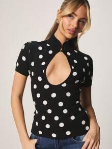 MISSGUIDED Polka Dot Short Sleeve Keyhole Cut Out High Neck Ribbed Sweater Top For Women Spring Summer - Black and White - View 1