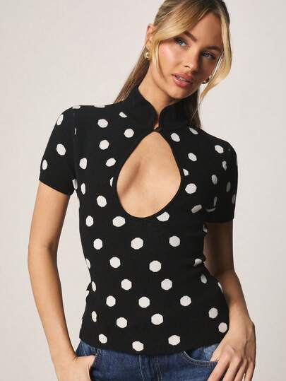 MISSGUIDED Polka Dot Short Sleeve Keyhole Cut Out High Neck Ribbed Sweater Top For Women Spring Summer