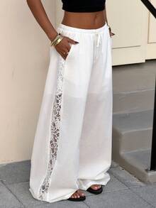 Muchica 白色编织蕾丝拼接阔腿裤