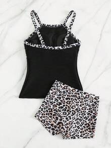 Swim Lushoire 女士夏季豹纹比基尼套装，包括吊带背心和修身短裤，优雅沙滩/音乐节风格 - 黑色 - 查看 6
