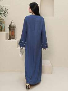 Yasmyna 女士端庄优雅V领水钻流苏装饰宽松阿拉伯长袍 - 藍色 - 查看 4