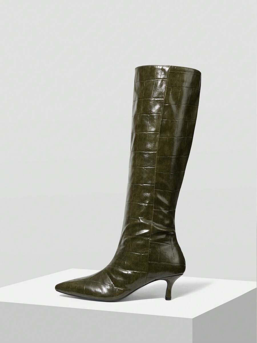 MOTF PREMIUM WOMEN CROCODILE EMBOSSED POINT TOE KNEE-HIGH BOOTS VALENTINE'S DAY - Olive Green - View 2