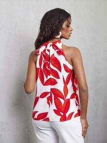 Eryvara 休闲 - 度假休闲 - 现代休闲 随机印花露背叶子蝴蝶结衬衫 - 紅色 - 查看 2