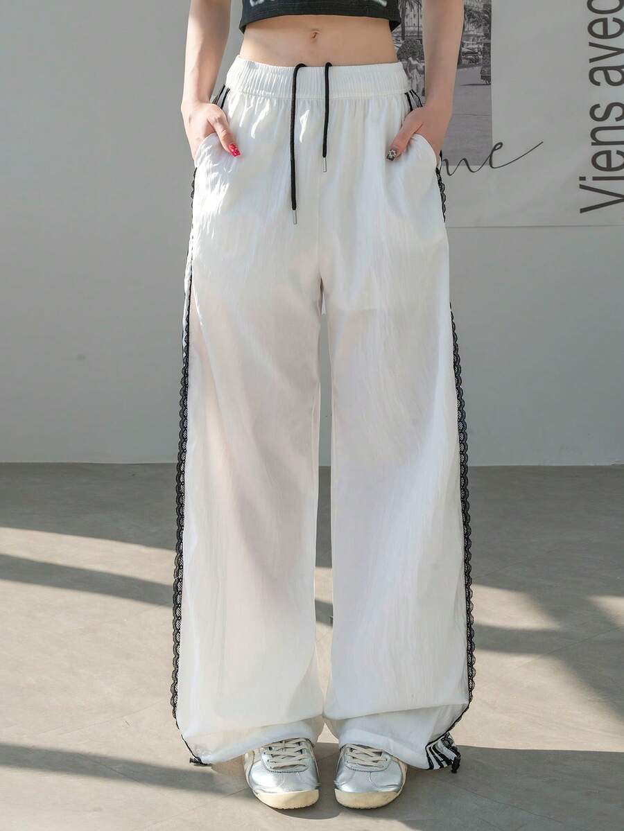 K-Vae 女士休闲日常撞色蕾丝抽绳腰裤 - 白色 - 查看 1