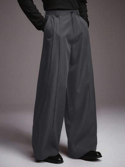 STYNVO Men's Pocket Button Pleated Casual Versatile Commuting Wide Leg Pants Men Pants Dress Mens Wide Leg Pants Japanese Pants Oversized Pants Men Baggy Wide Pants