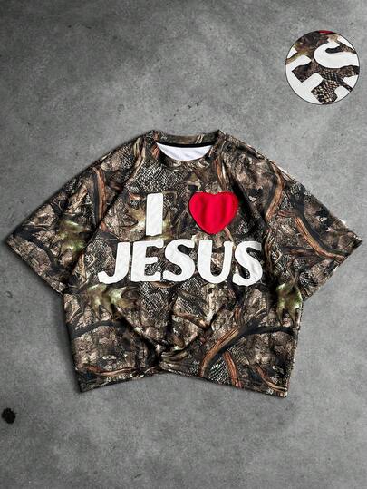 PAVTROS 男士圆领短袖撞色爱心图案T恤，时尚夏季款