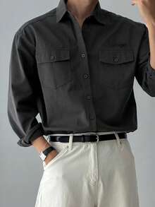 DAZY Men's Solid Dark Grey Commuter Shirt, Spring Long Sleeve Tops - Dark Grey - View 1