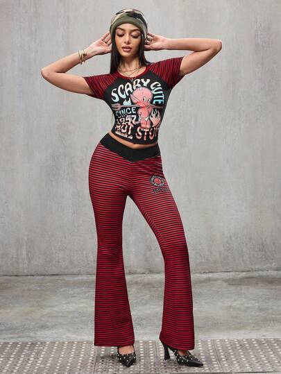 HOT STUFF X SHEIN Women's Fashion Casual Striped Letter Graphic Flare Leg Leggings