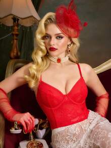 PinupPomp Women's Shapewear Top, Lace Patchwork, Suitable For Music Festival, Vacation, Party, Pinup Glam Style - Red - View 6