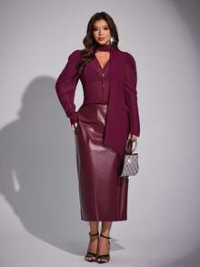 Maweii Plus Size Women's New Elegant Party & Casual Commute Chic Purple Glossy Leather Midi Skirt With Deep V-Neck Design, Ribbon Decor, Button Accent, Sheer Top, Waist Cinching Design For Slimming Effect, Women's Outgoing & Commute Versatile 2-Piece Set - Purple - View 2