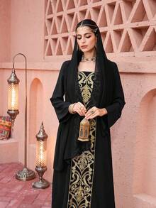 Al Najma Elegant  Arabic Style Gold Thread Embroidery Patchwork Maxi Dress For Women - Black - View 6