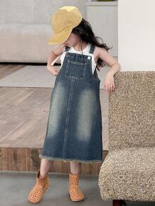 DAZY 女童宽松休闲牛仔背带裙，带口袋 - 藍色 - 查看 3