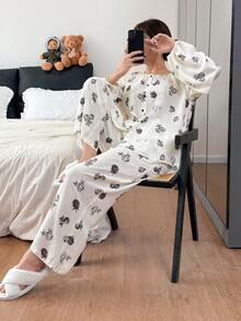DAZY Conjunto de pijama feminino com estampa floral e mangas bufantes. - Branco - Ver 6