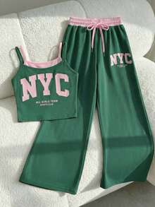 Tween Girls Casual All-Match Sports Streetwear Everyday Sleeveless Cropped Tank Top + Contrast Splice Loose Pants Set - Green - View 3