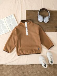 Genkimix Kids Áo nỉ dài tay cổ tròn có họa tiết, khóa kéo nửa thân, cài nút, dành cho bé trai, thiết kế ngộ nghĩnh. - màu nâu - Xem 5