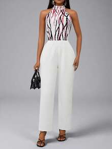 Lyxana Women's Elegant Printed Halter Jumpsuit - White - View 4