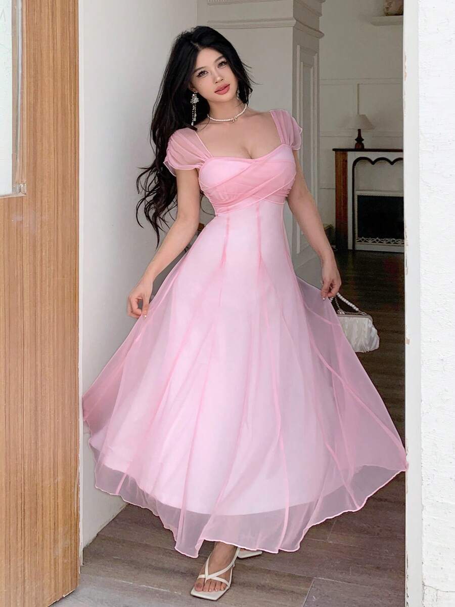 Modelyn 法式优雅无袖方领收腰喇叭中长连衣裙，粉色 - 粉色 - 查看 1