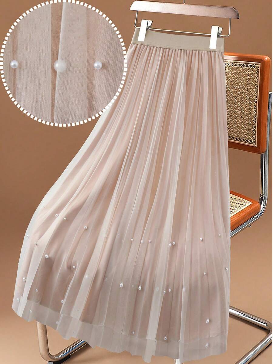 Modelyn 女士弹力腰仿珍珠装饰优雅网纱裙 - 杏色 - 查看 1