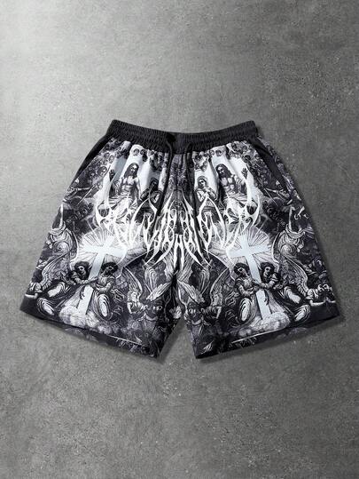 ROMWE MEN Street Life Men's Printed Woven Shorts, Suitable For Everyday Wear In Spring/Summer