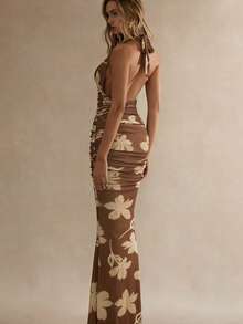Glamine Draped Neck Brown Floral Print Long Dress,Summer Elegant Vacation Holiday Women Clothes,Back To School Wedding Guest Brown Two Piece Set - Brown - View 2