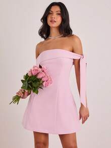 Enchnt Spring/Summer Romantic Women's Pink Bowknot Off-Shoulder Waist-Cinched Dress,Sweet&Elegant For Vacation&Date&Holiday&Going Out&Valentine's Day,Spring Outfit Women - Pink - View 8